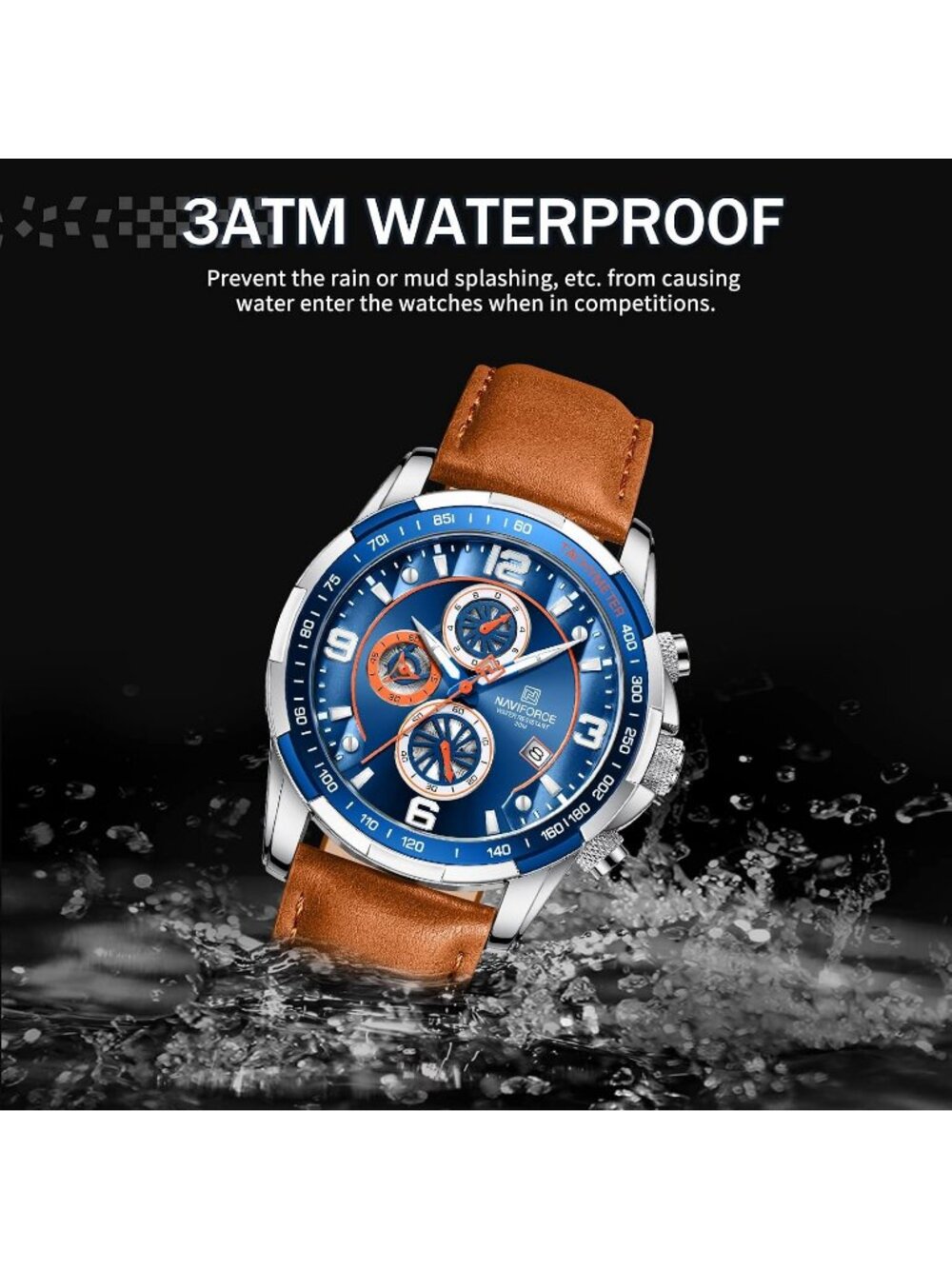 Men's Blue Brown Analog Quartz Chronograph Leather Strap Fashion Wrist Watch - Picture 4 of 6